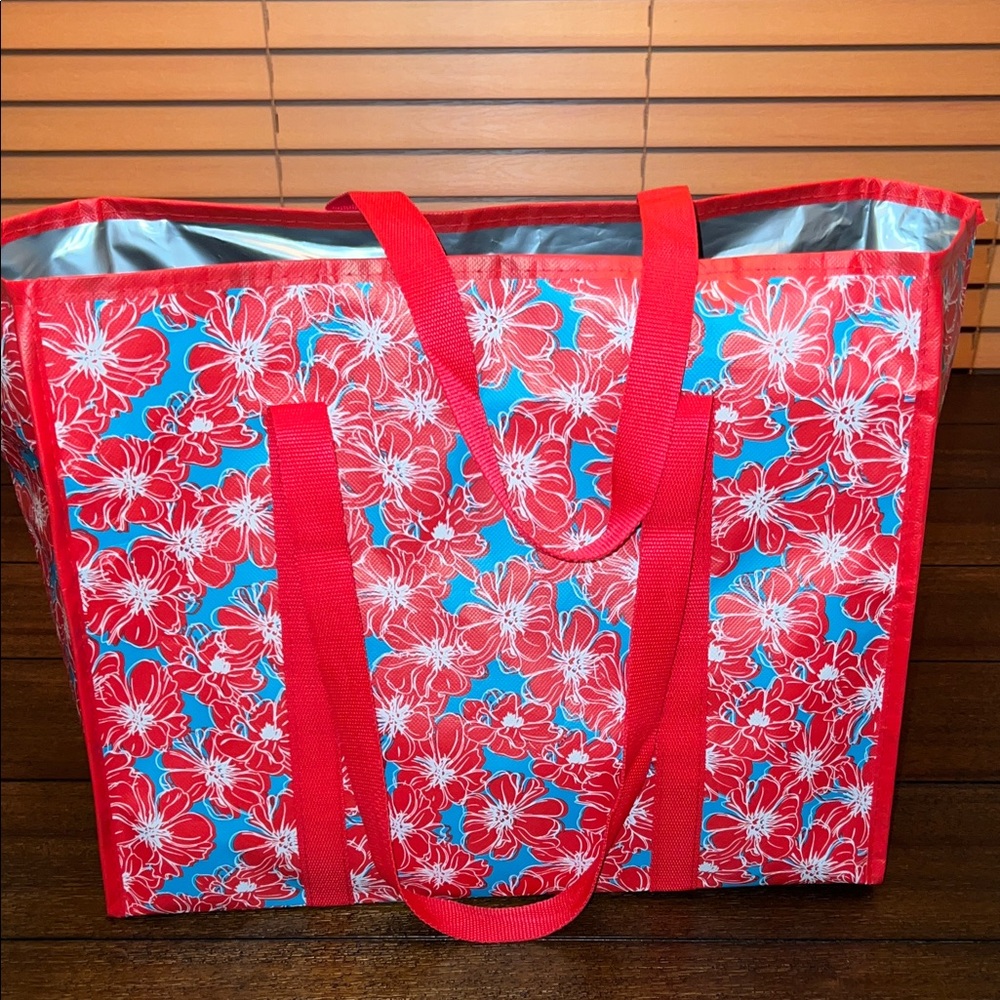 Waterproof Red Green Floral PVC Reusable Shopping Tote Bag